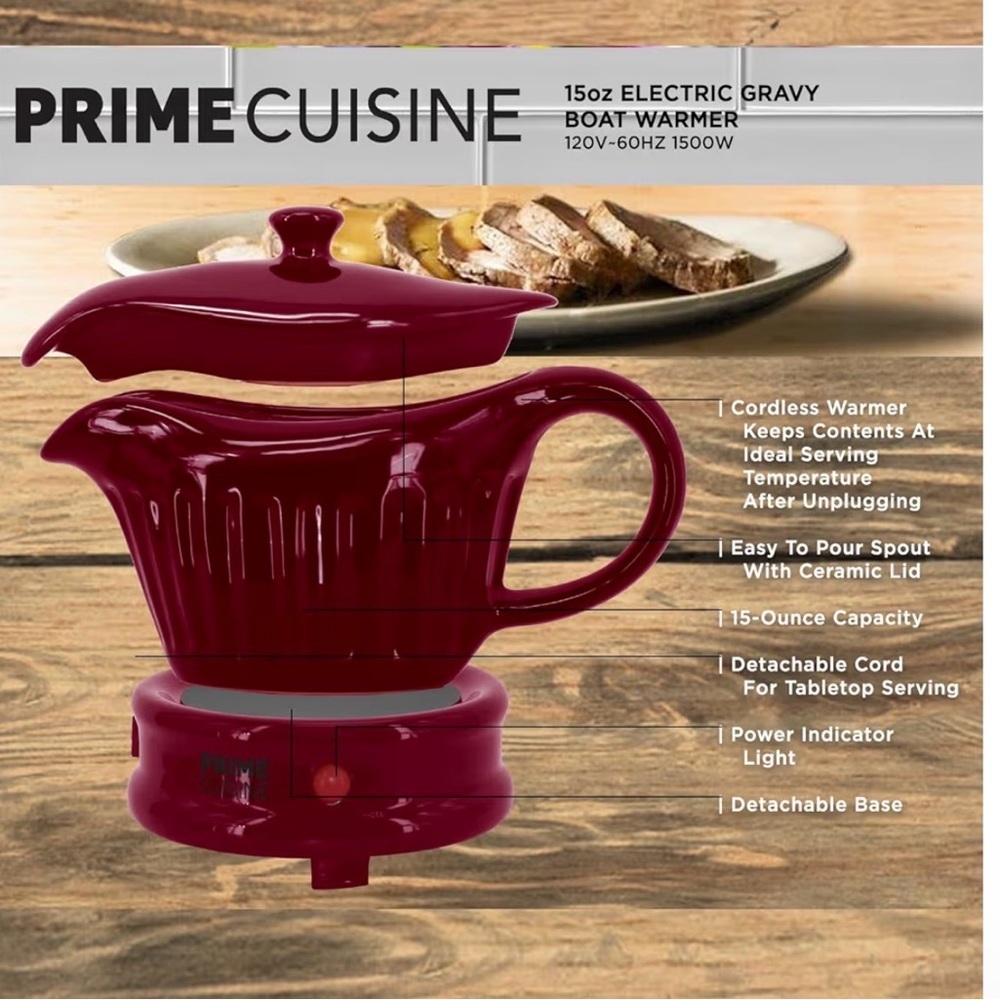 Prime Cuisine Electric Gravy Boat Warmer, Burgundy - Picture 2 of 3